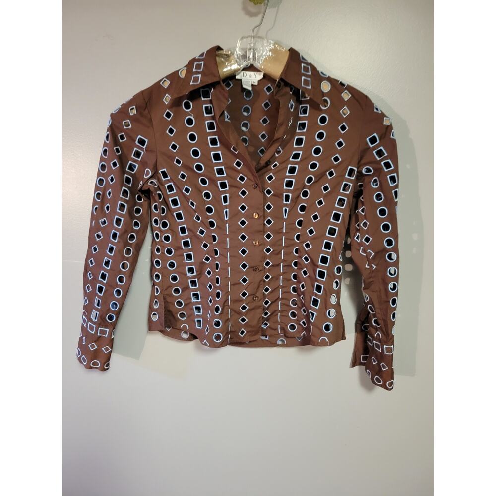 VTG D&Y Brown cut out with blue threading button up Boho blouse Size M